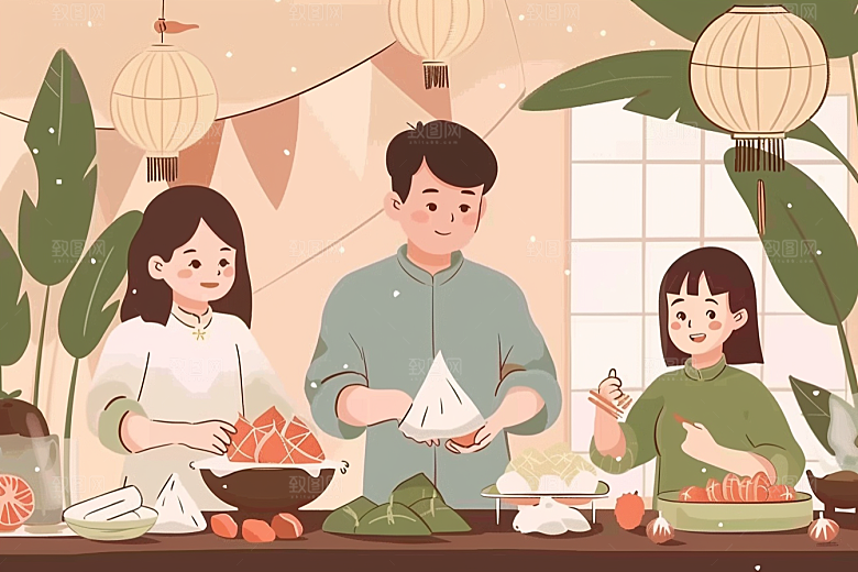 端午包粽子粽叶糯米插画