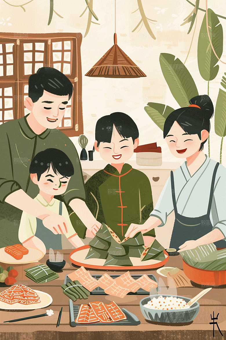 端午包粽子美食节日插画