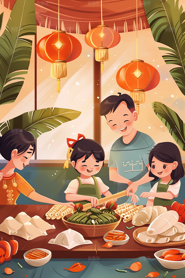 端午包粽子粽叶习俗插画