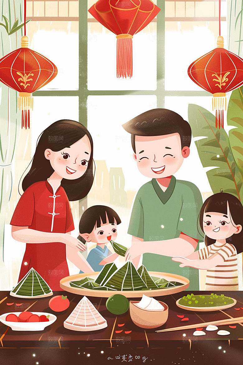 端午包粽子传统文化美食插画