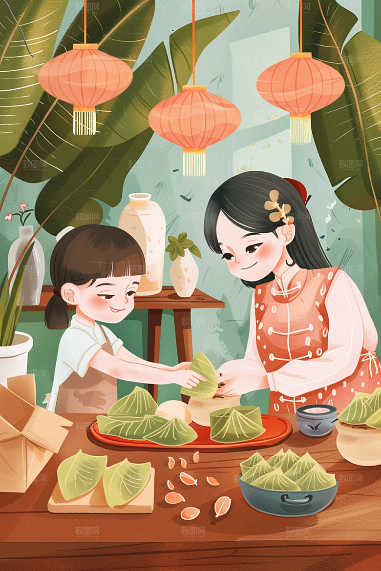 端午包粽子端午节高清插画