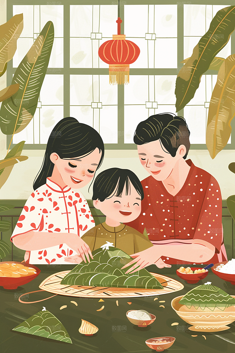 端午包粽子美食节日插画