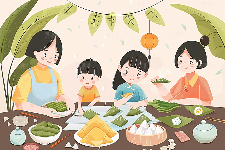 端午包粽子小吃美味插画