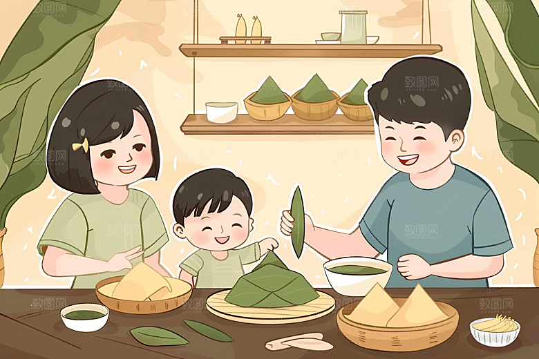 端午包粽子端午节温馨插画