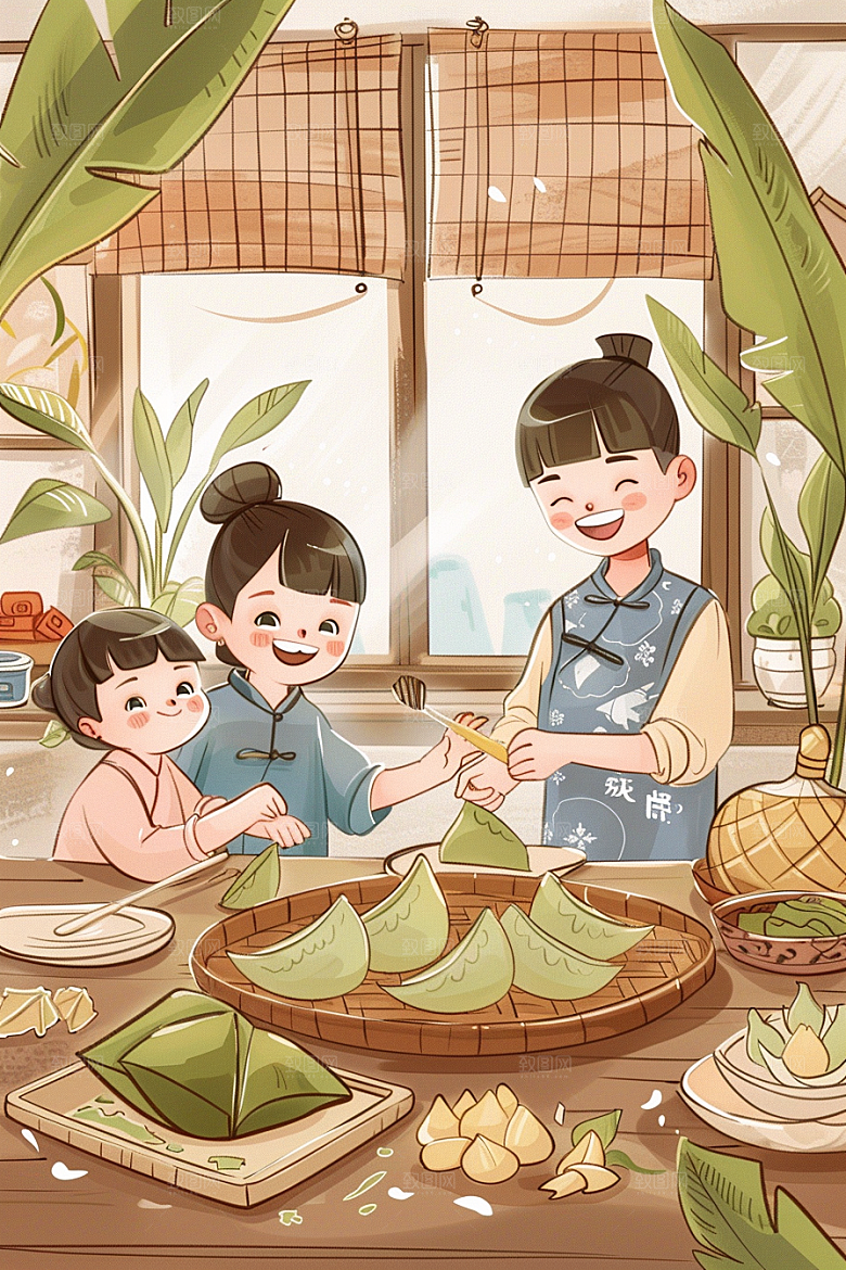 端午包粽子幸福传统文化插画