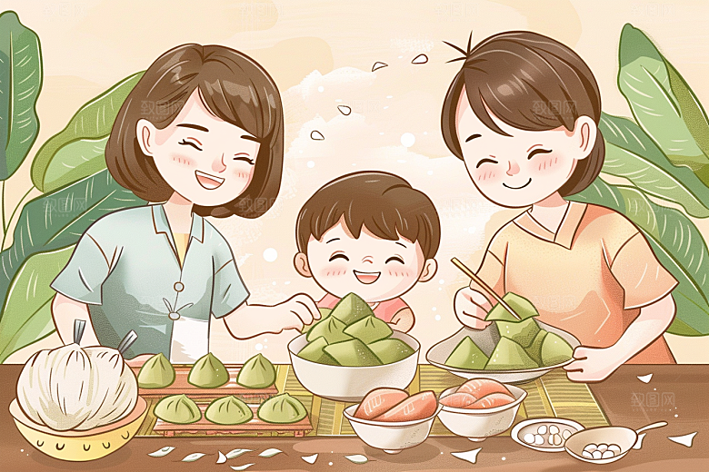 端午包粽子节日氛围幸福插画