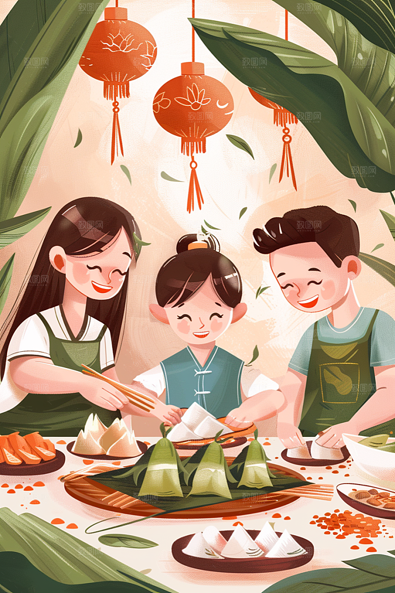 端午包粽子手绘阖家团聚插画
