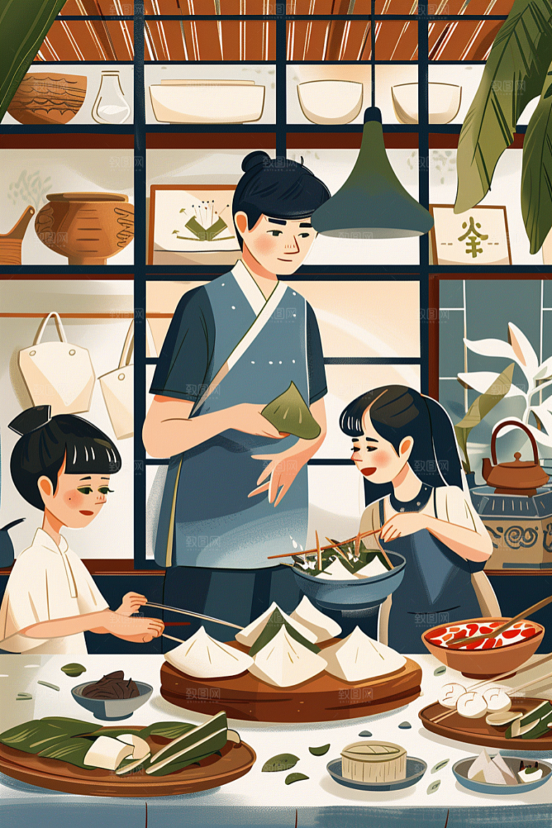 端午包粽子糯米节日插画