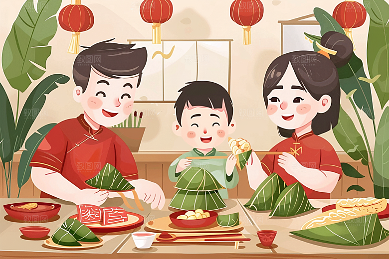 端午包粽子糯米节日氛围插画