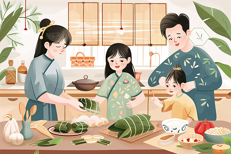 端午包粽子幸福传统文化插画