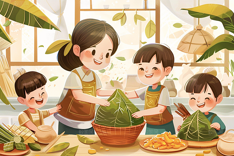 端午包粽子幸福习俗插画