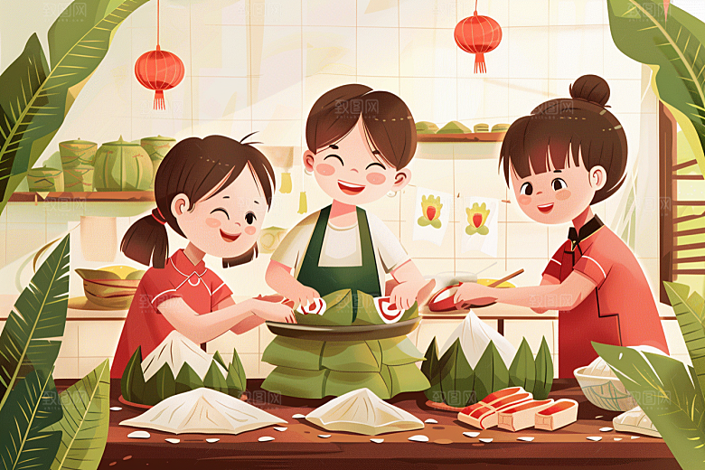端午包粽子手绘幸福插画