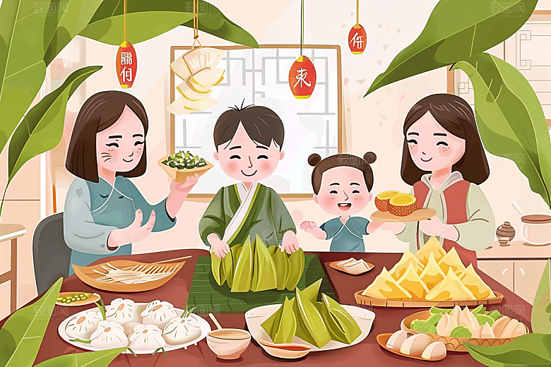 端午包粽子粽叶节日插画