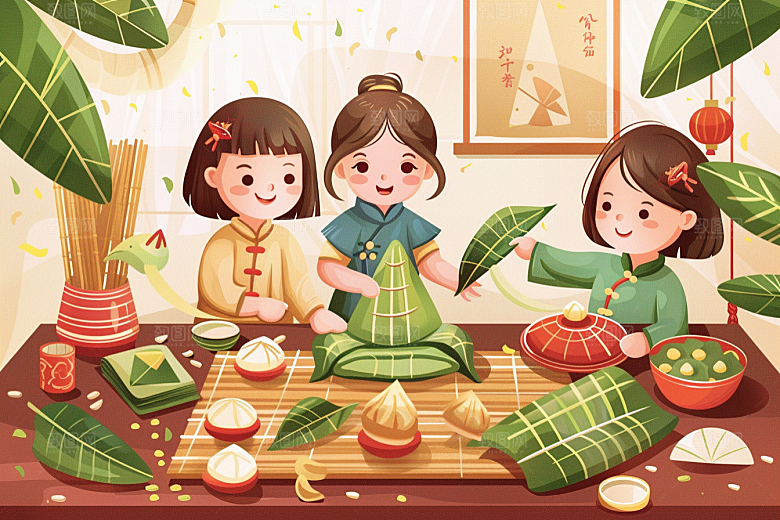 端午包粽子节日氛围糯米插画