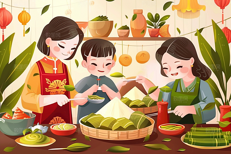 端午包粽子端午节温馨插画
