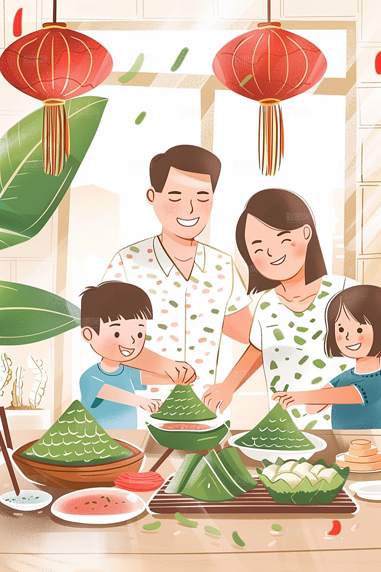 端午包粽子阖家团聚美味插画