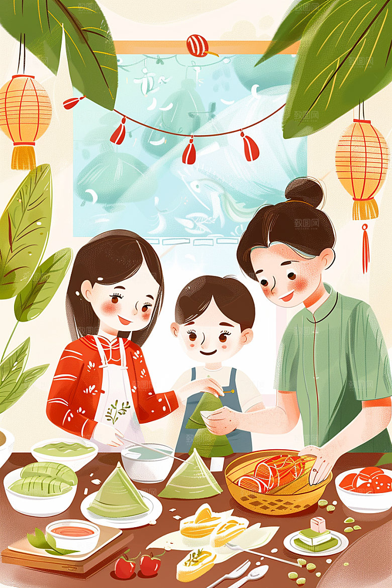 端午包粽子高清糯米插画