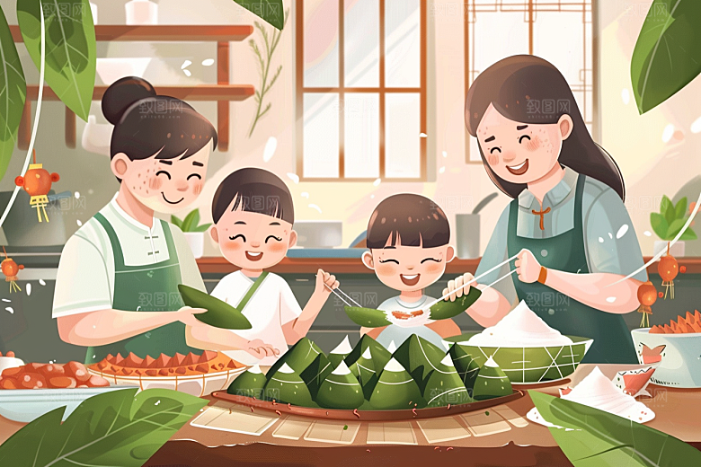 端午包粽子习俗端午节插画