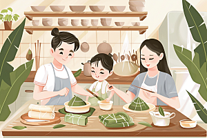 端午包粽子温馨传统文化插画