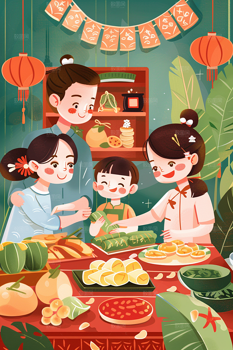 端午包粽子传统文化幸福插画