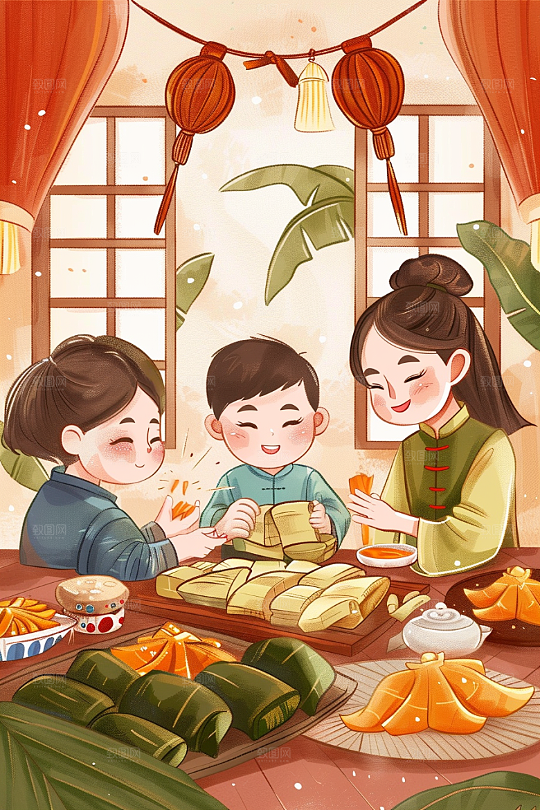 端午包粽子温馨习俗插画