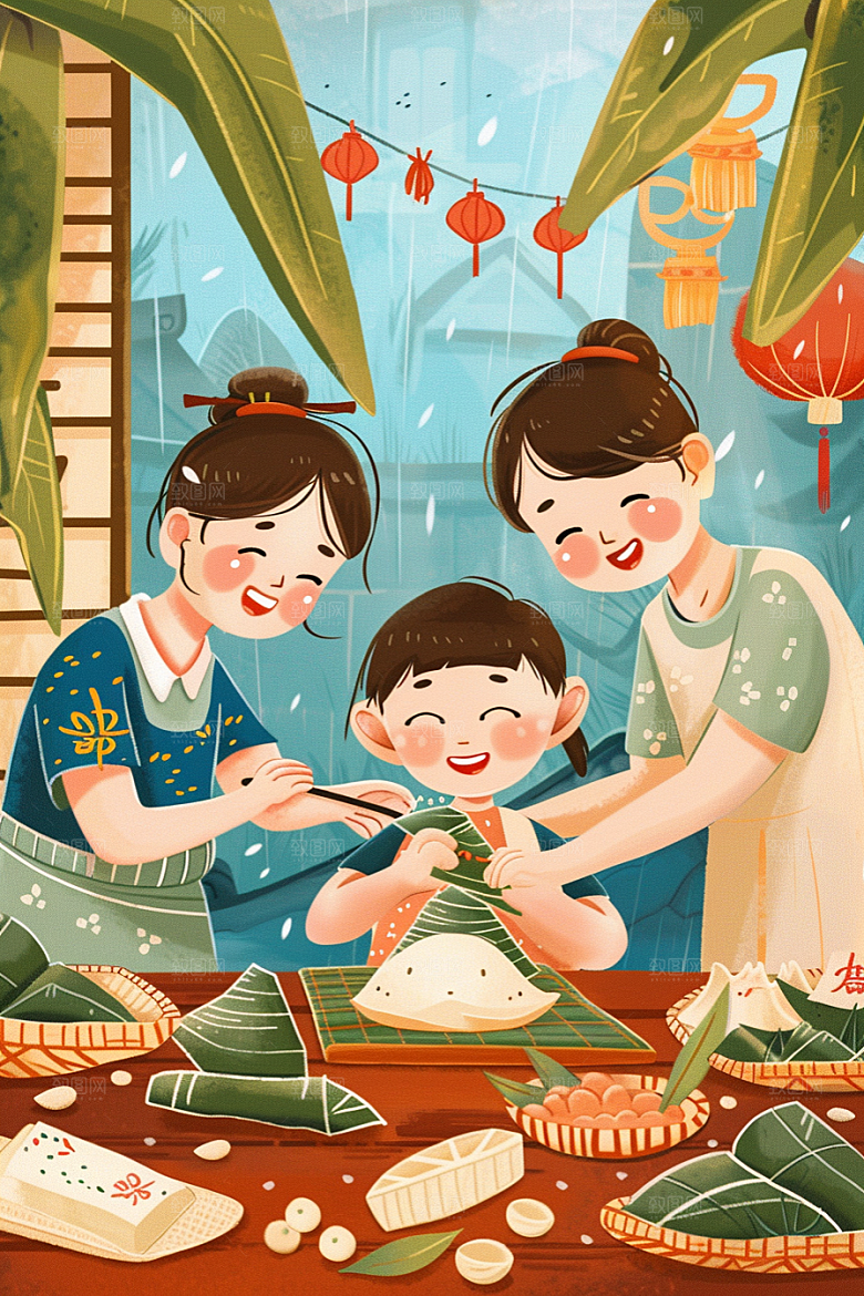 端午包粽子传统文化阖家团聚插画