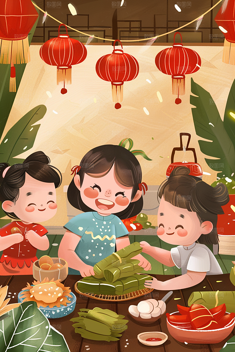 端午包粽子粽叶手绘插画