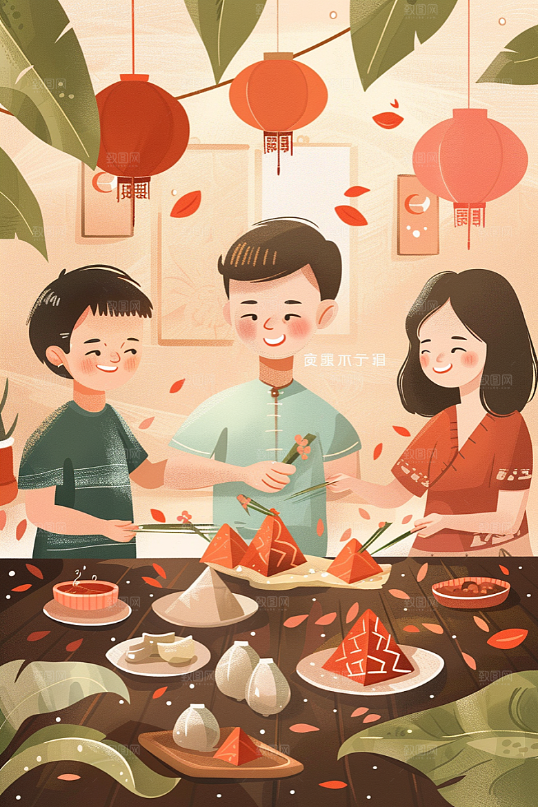 端午包粽子高清节日氛围插画
