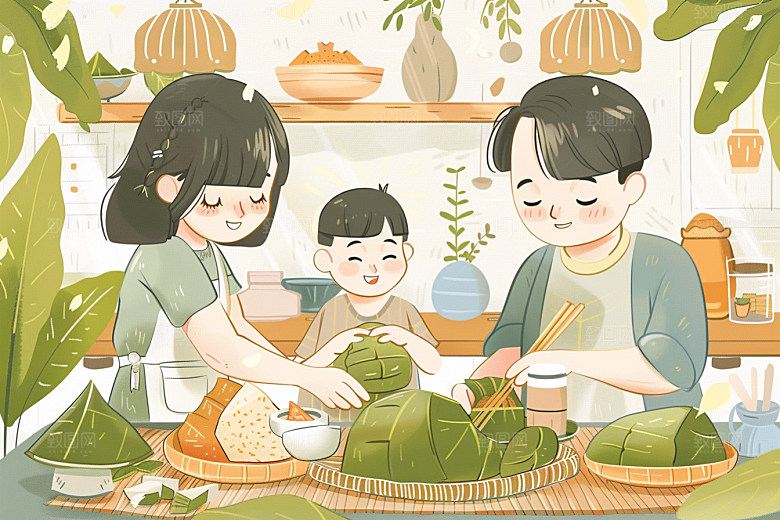 端午包粽子幸福阖家团聚插画