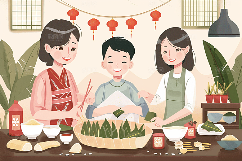 端午包粽子温馨传统文化插画