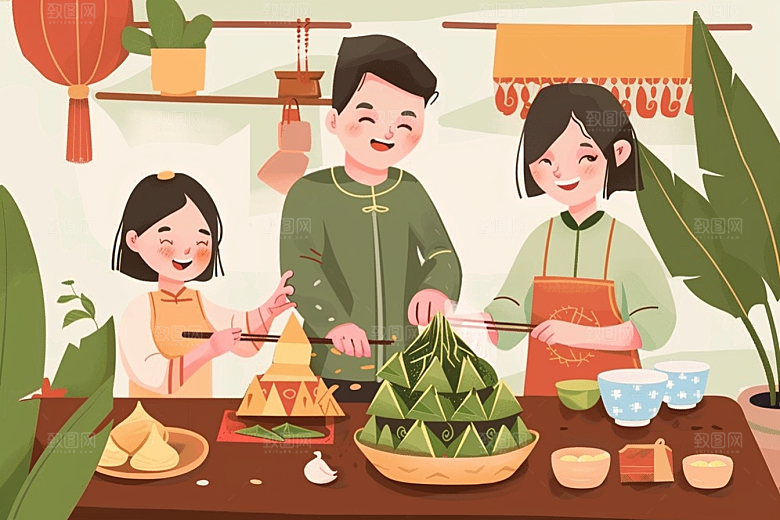 端午包粽子高清幸福插画