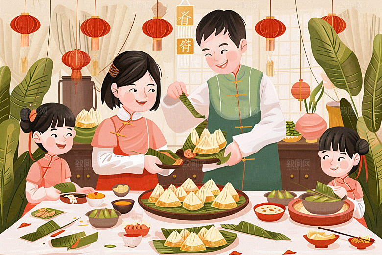 端午包粽子美食节日插画