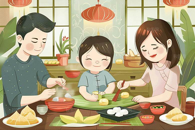 端午包粽子粽叶手绘插画