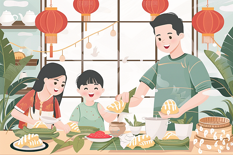 端午包粽子小吃节日氛围插画