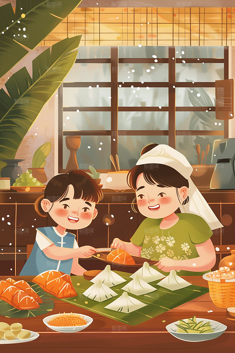 端午包粽子节日氛围传统文化插画