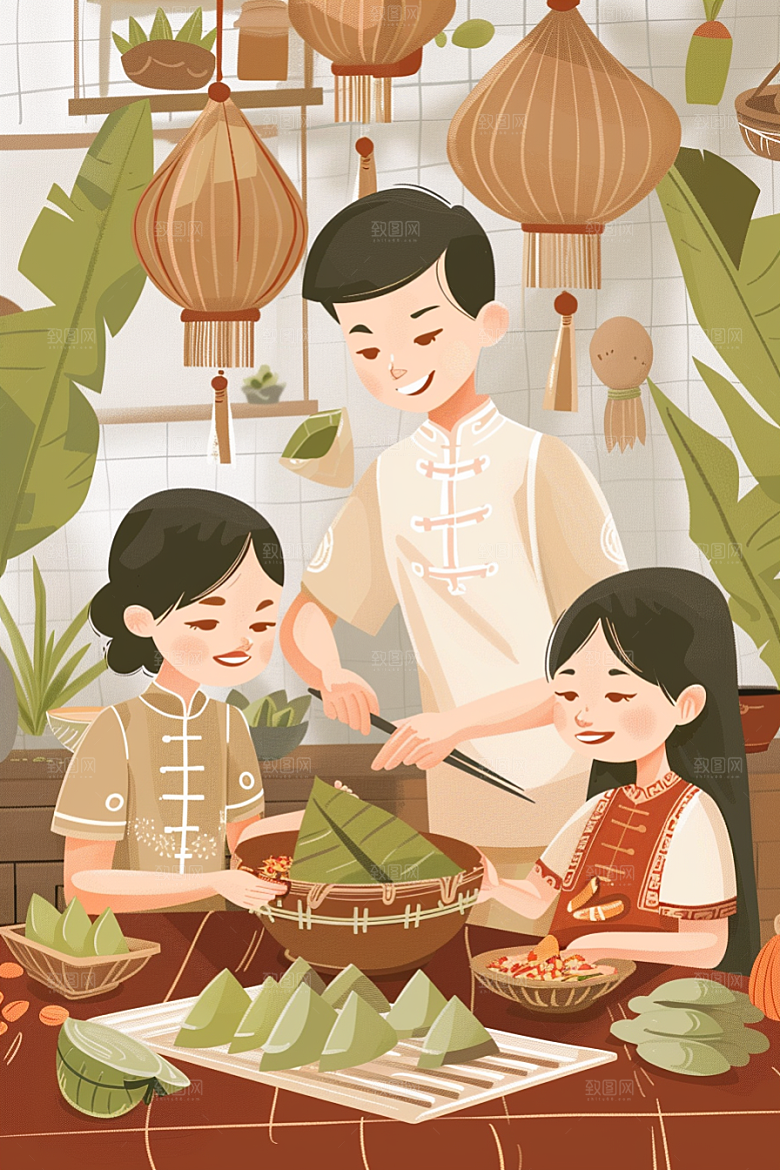 端午包粽子糯米小吃插画