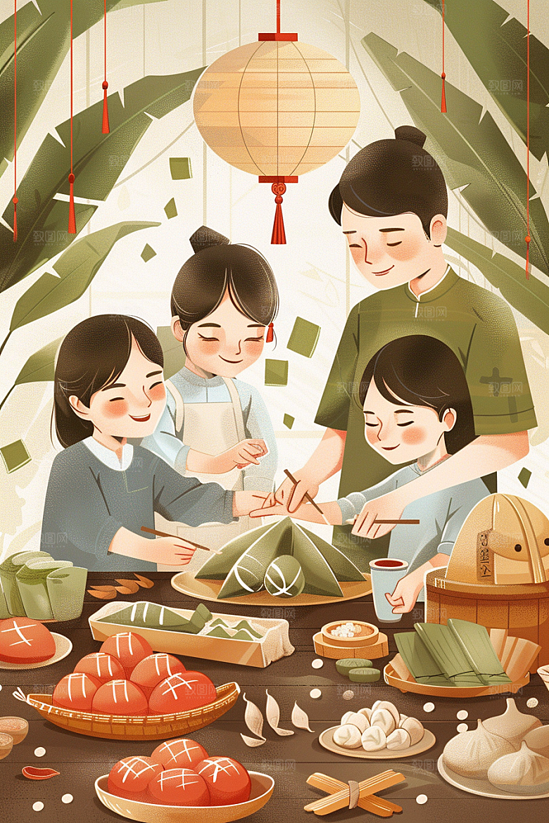 端午包粽子温馨习俗插画