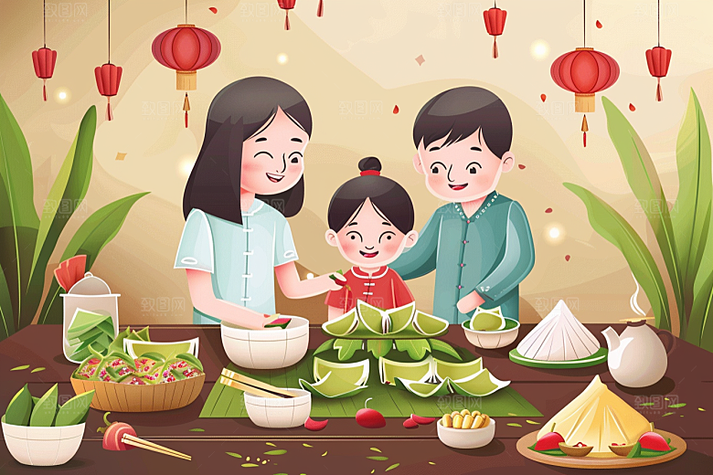 端午包粽子节日氛围美食插画