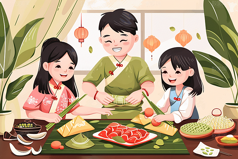 端午包粽子温馨传统文化插画