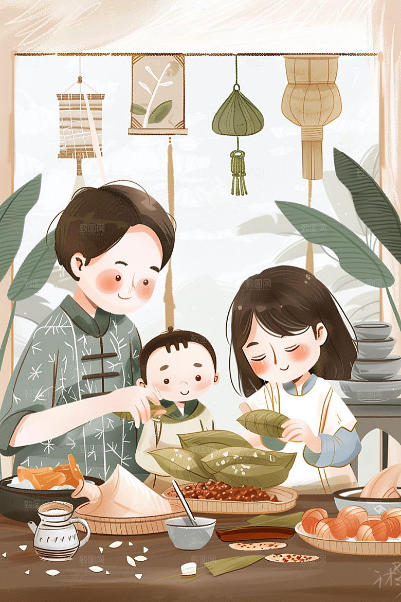 端午包粽子小吃美食插画