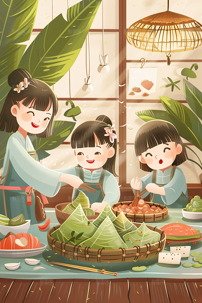 端午包粽子幸福美味插画