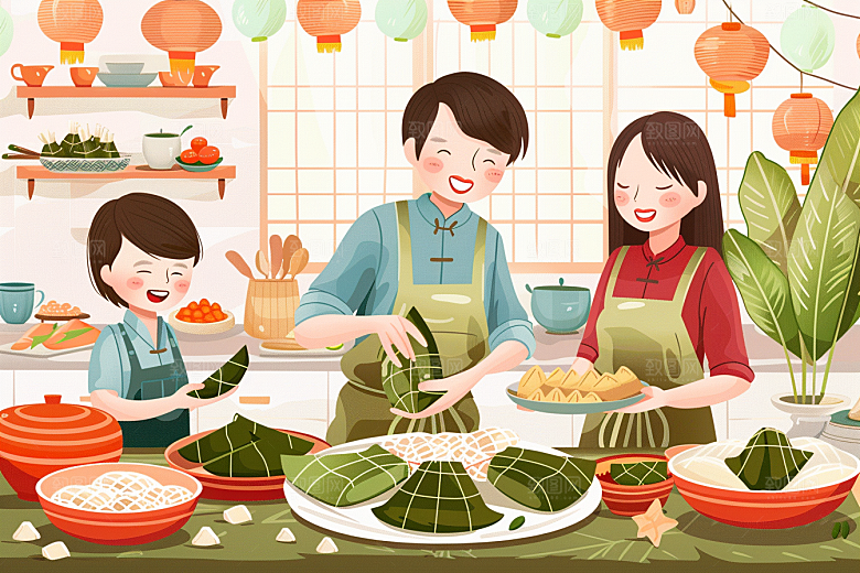 端午包粽子幸福美食插画