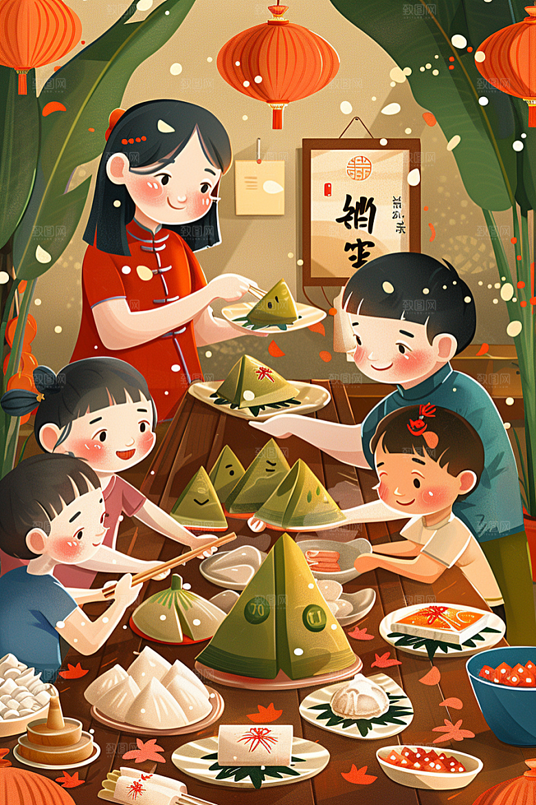 端午包粽子高清粽叶插画
