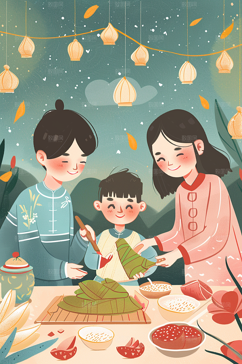 端午包粽子高清传统文化插画