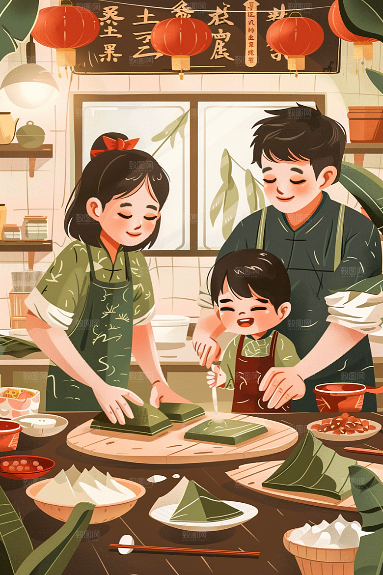 端午包粽子阖家团聚美味插画