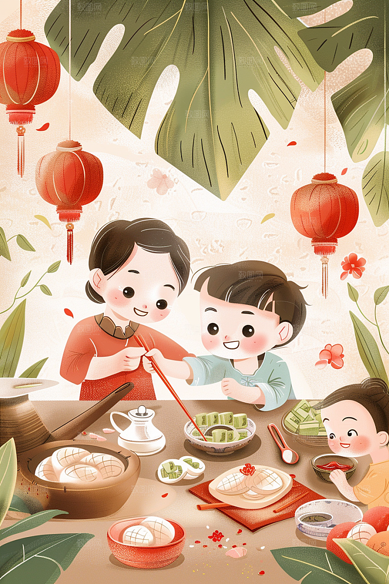 端午包粽子阖家团聚糯米插画