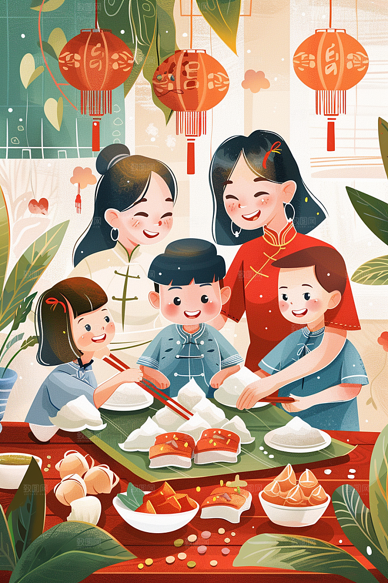 端午包粽子幸福美味插画