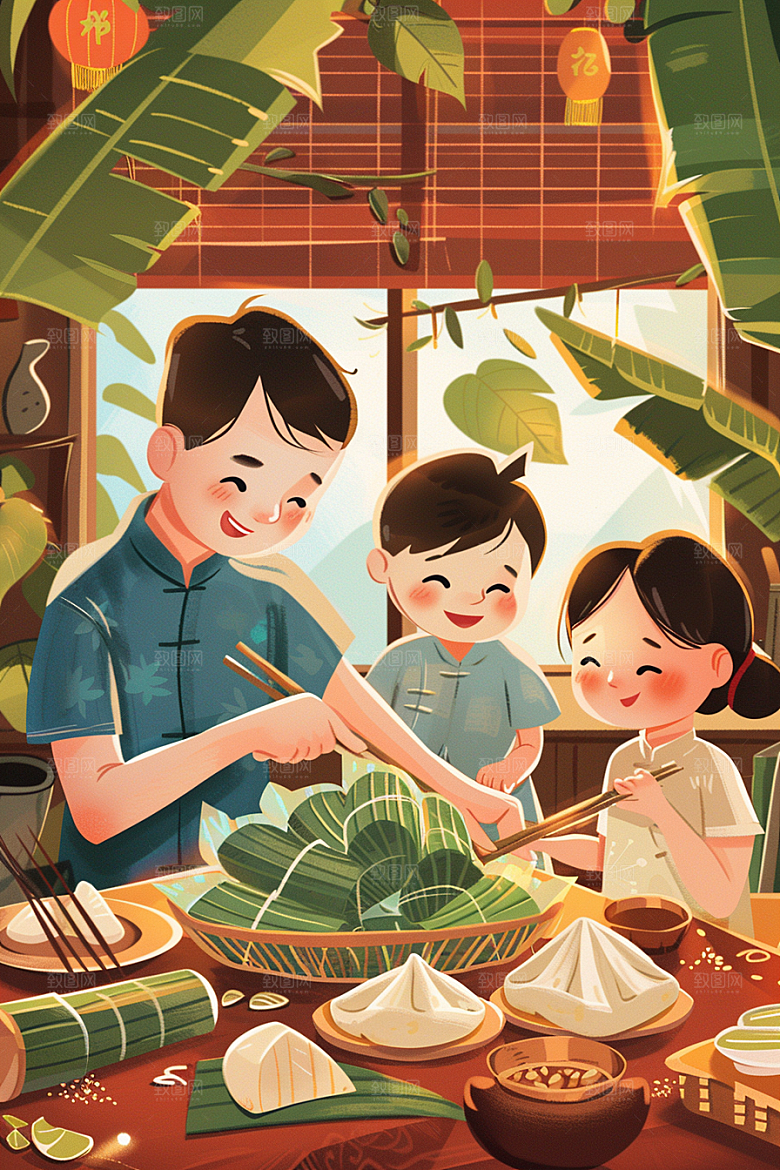 端午包粽子美味粽叶插画