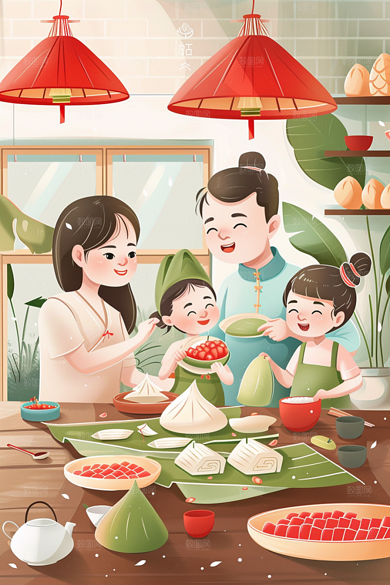 端午包粽子习俗幸福插画