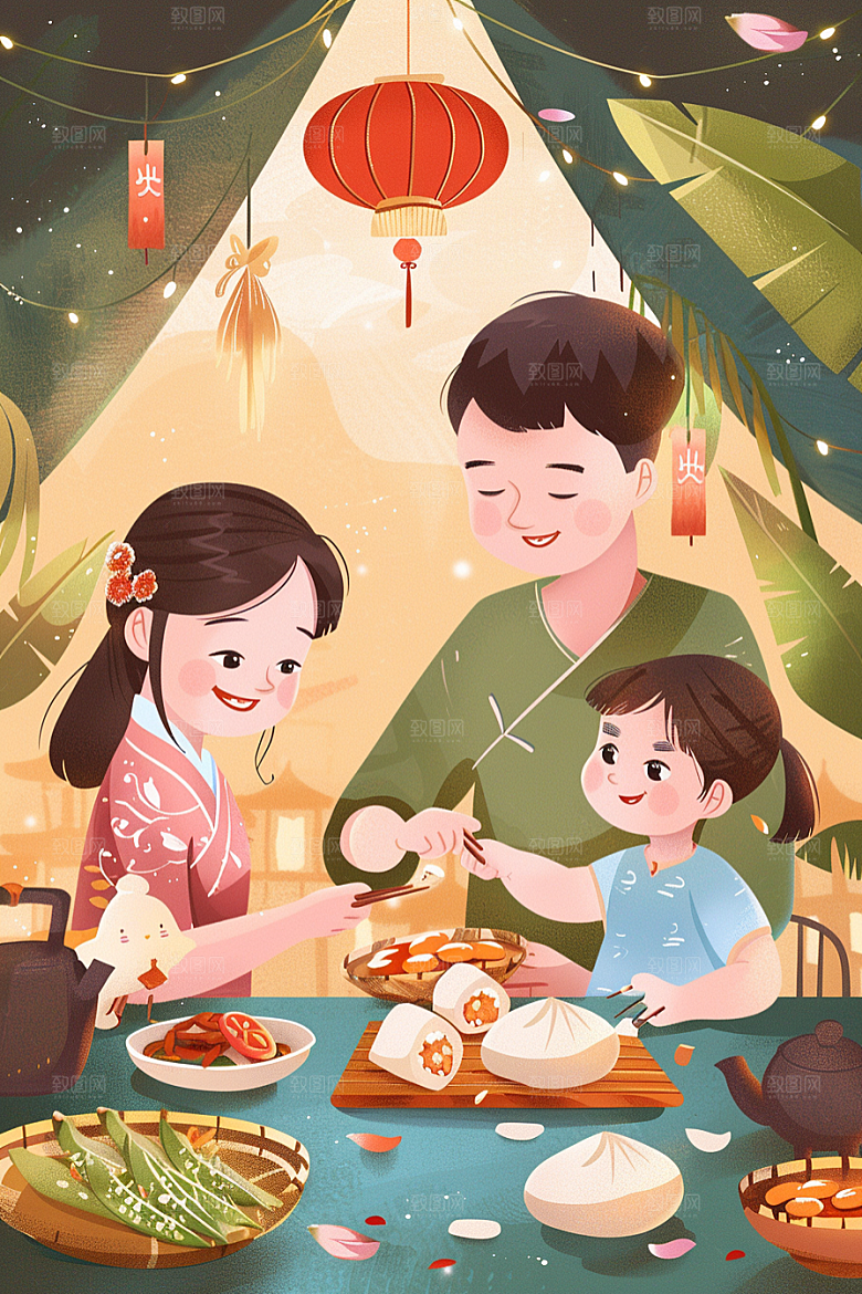 端午包粽子糯米传统文化插画